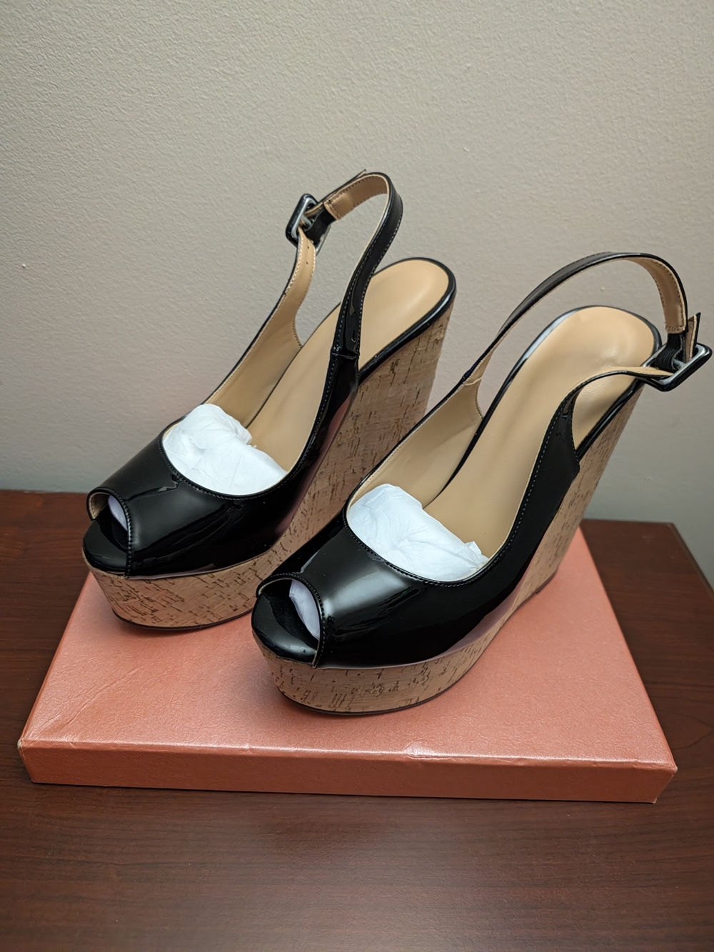 Black Patent Leather Cork Wedge Slingback Peep-Toe Heels